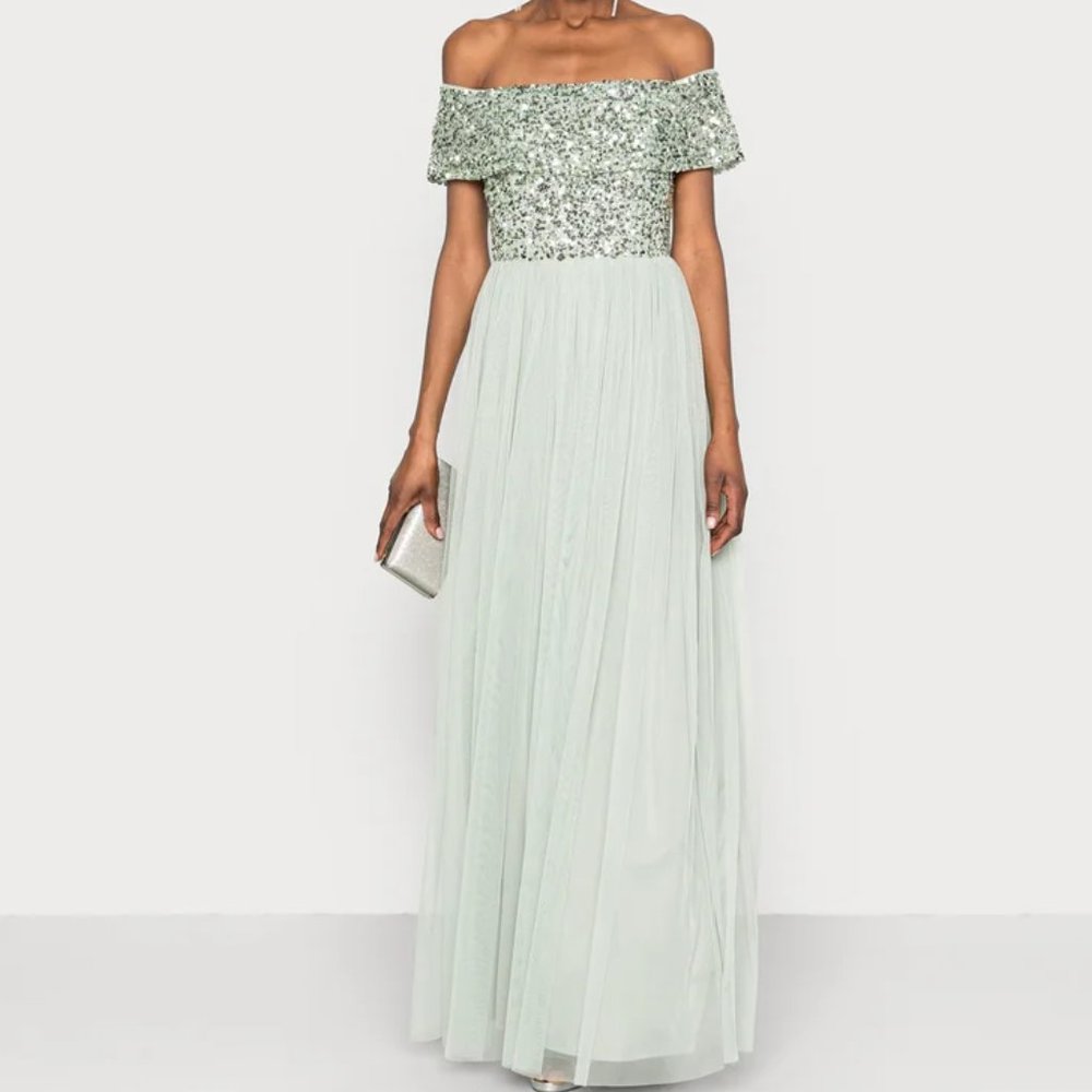 nwt asos maya sequin bodice bardot maxi dress in seagrass 6 prom